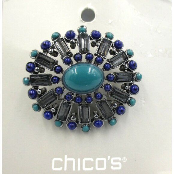 Chico’s Gunmetal Blue Stones Pin Brooch Classic Retro Inspired NWT $39 - Picture 1 of 5